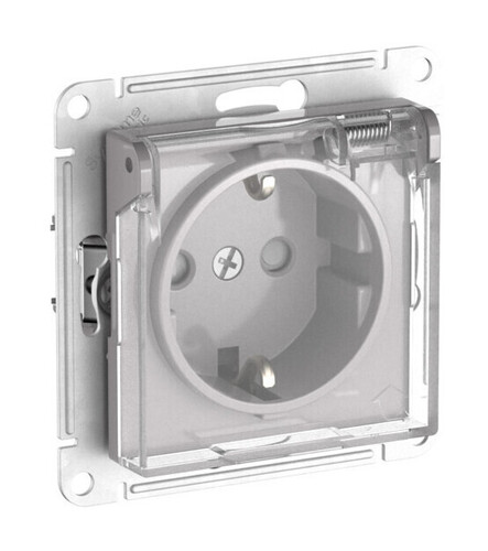 Systeme Electric AtlasDesign Aqua Алюминий Розетка с зазем. со шт. с прозрач. крыш, 16А, IP44, мех., быстрозажим. клем.
