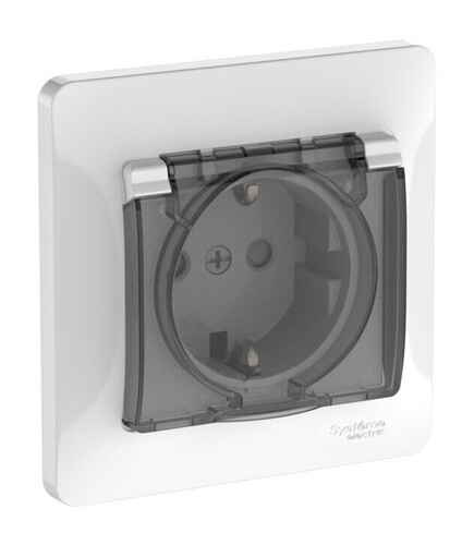 Systeme Electric Glossa Белый Розетка с зазем. со шторк. с крышк., 16А, IP44, в сборе, быстрозажим. клем.
